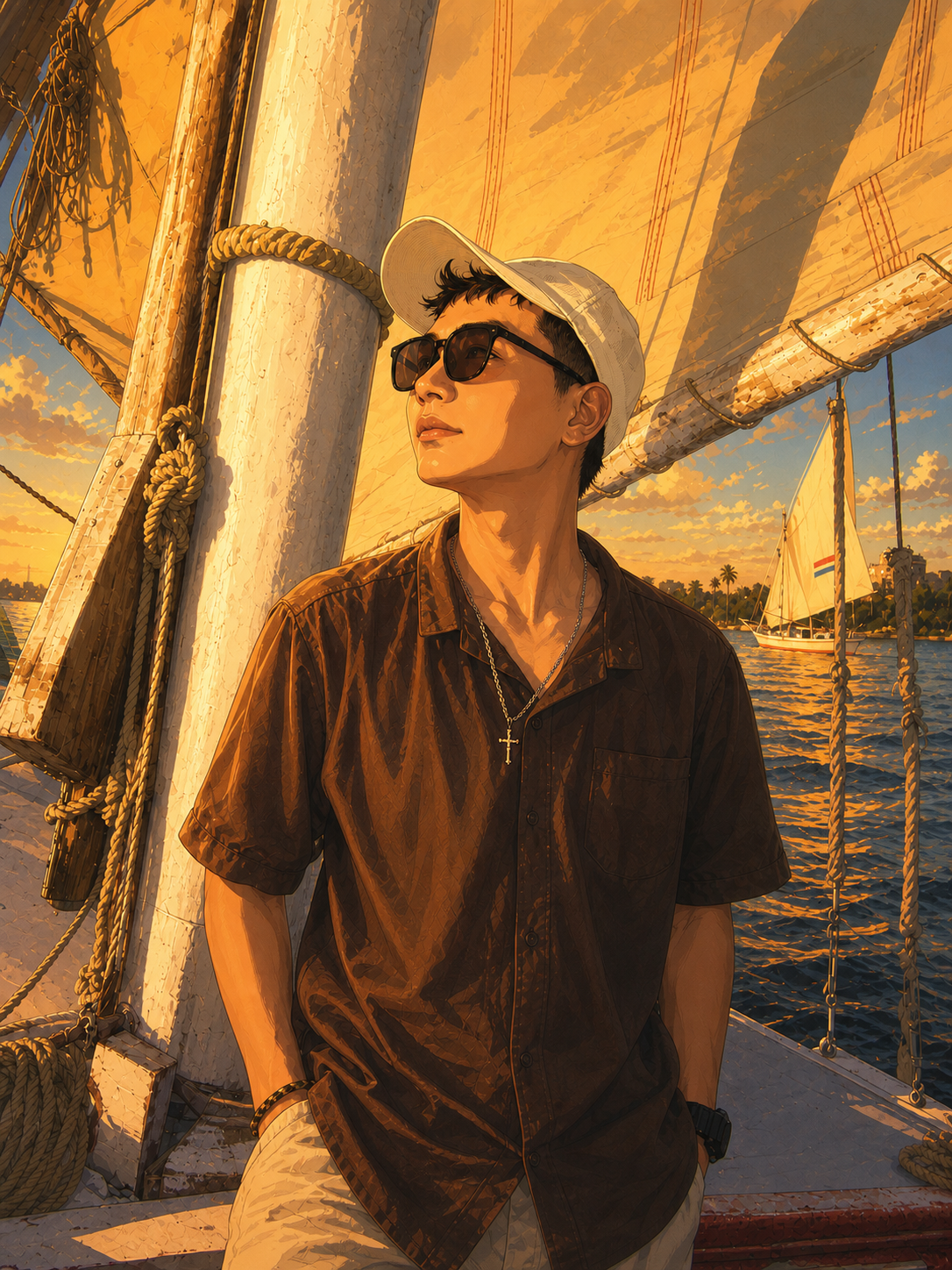 Peter 在埃及帆船上的日漫风格旅行照